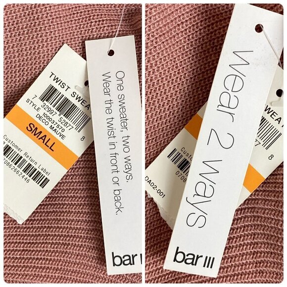 Bar III Sweater NWT $60 Deco Mauve Twist Worn 2 Ways Women's Size Small - Picture 7 of 13